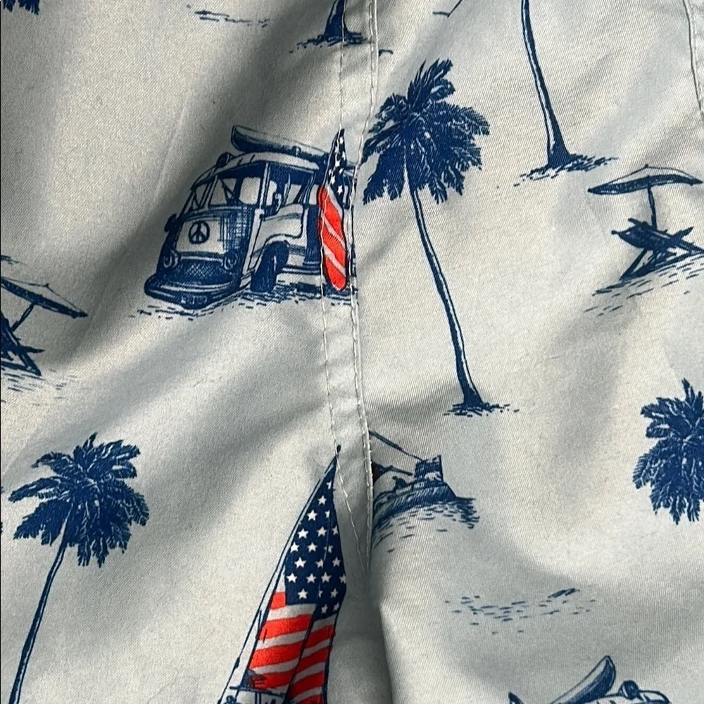 Free Planet Men's Swim Trunks with Palm Tree and Sailboat Print